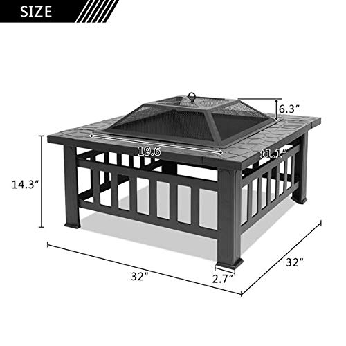 32in Wood Fire Pit with Mesh Lid and Fire Poker B510614