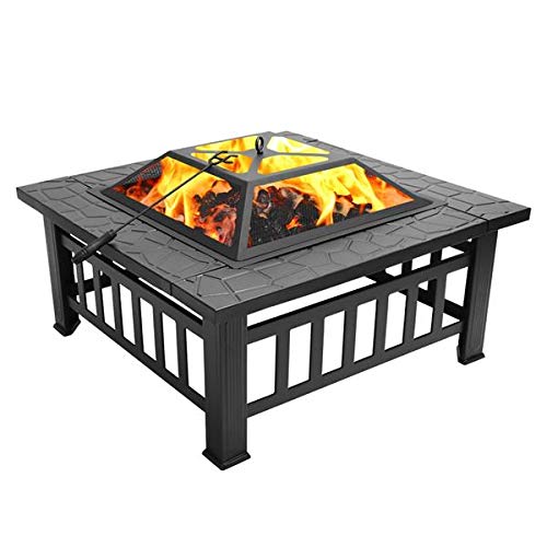 32in Wood Fire Pit with Mesh Lid and Fire Poker B510614