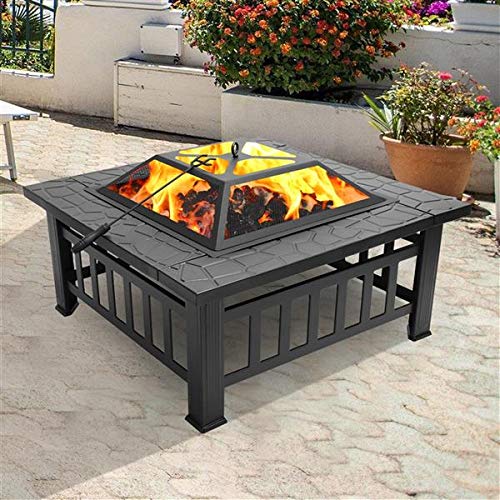 32in Wood Fire Pit with Mesh Lid and Fire Poker B510614