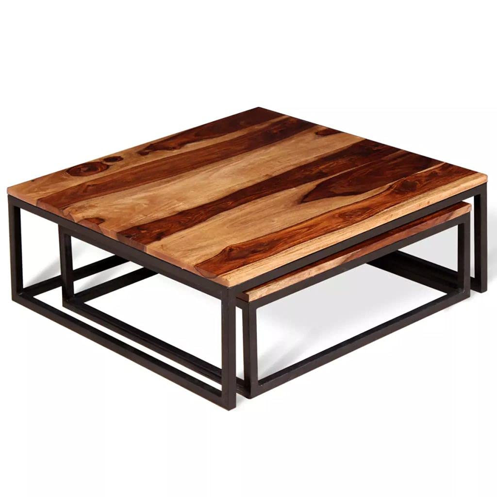 Solid Sheesham Wood Nesting Coffee Table Set with Metal Frame D580