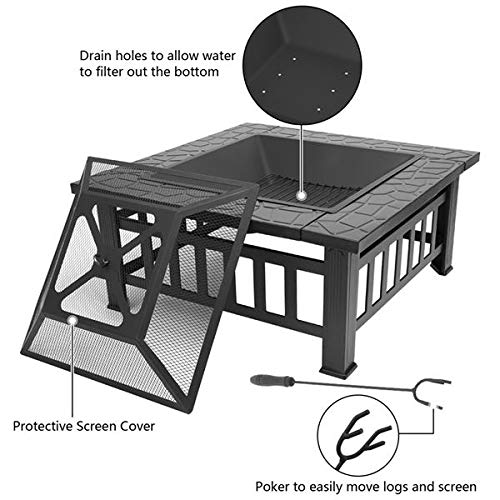 32in Wood Fire Pit with Mesh Lid and Fire Poker B510614