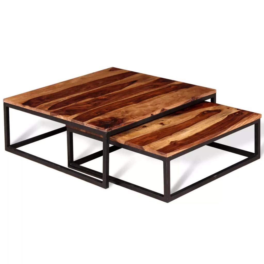 Solid Sheesham Wood Nesting Coffee Table Set with Metal Frame D580