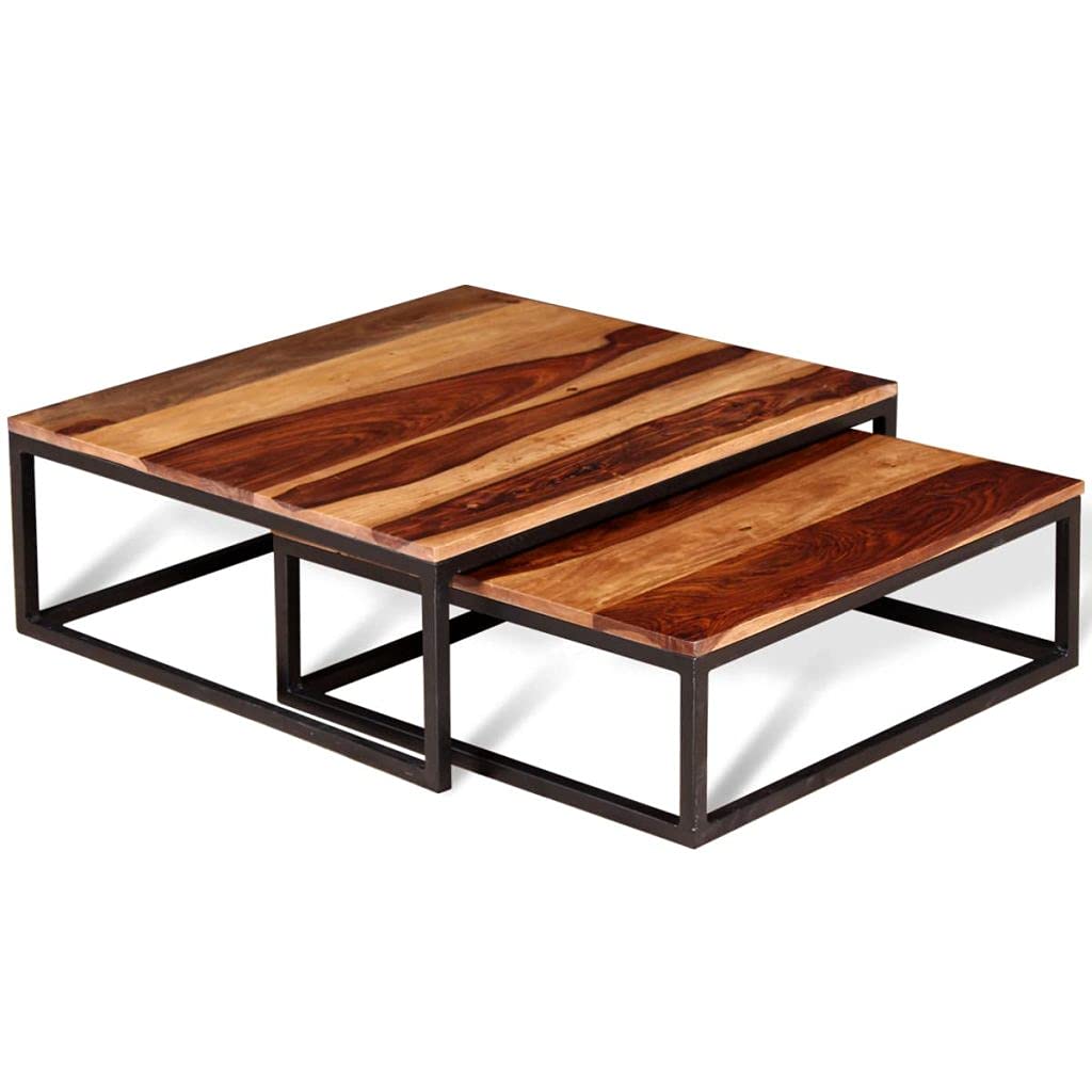 Solid Sheesham Wood Nesting Coffee Table Set with Metal Frame D580