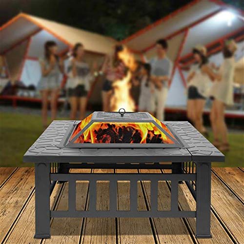 32in Wood Fire Pit with Mesh Lid and Fire Poker B510614
