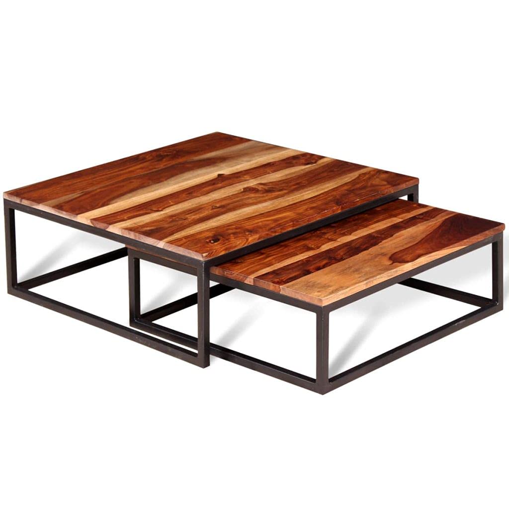 Solid Sheesham Wood Nesting Coffee Table Set with Metal Frame D580