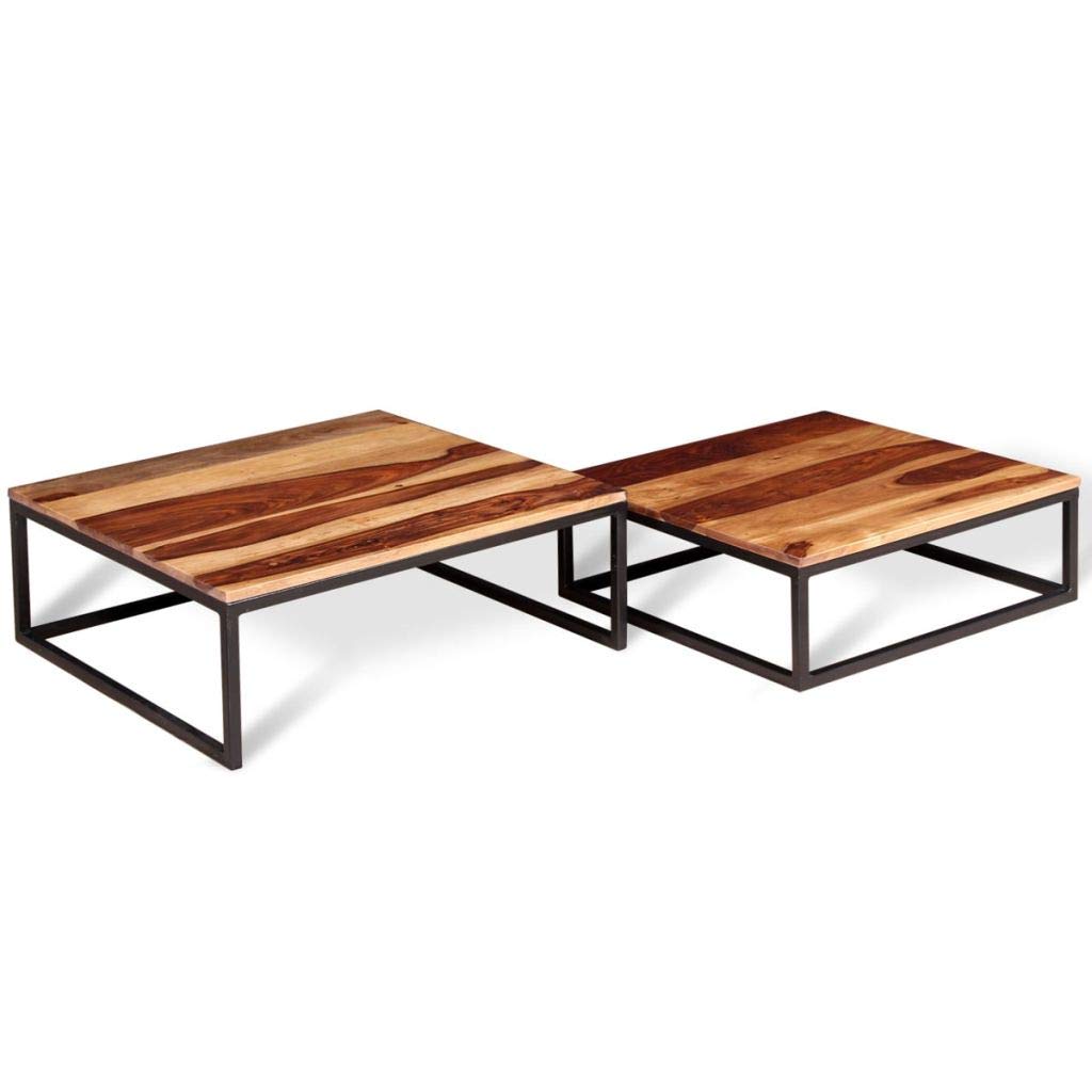 Solid Sheesham Wood Nesting Coffee Table Set with Metal Frame D580