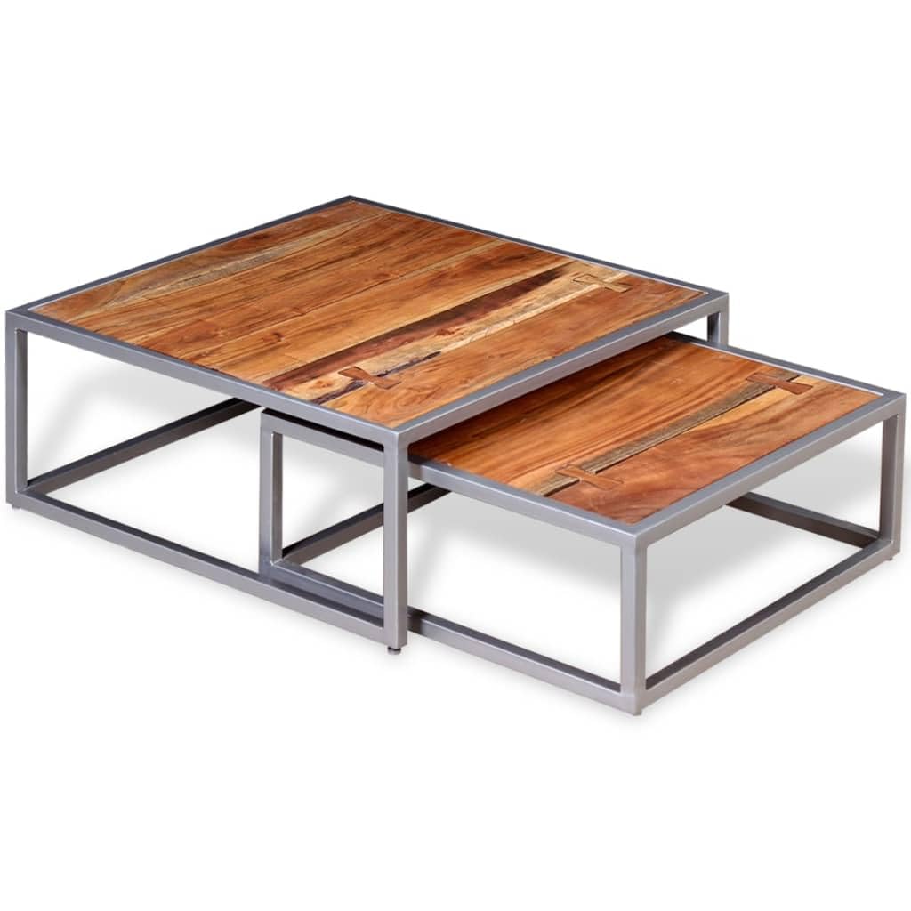 Solid Sheesham Wood Nesting Coffee Table Set with Iron Legs S60911