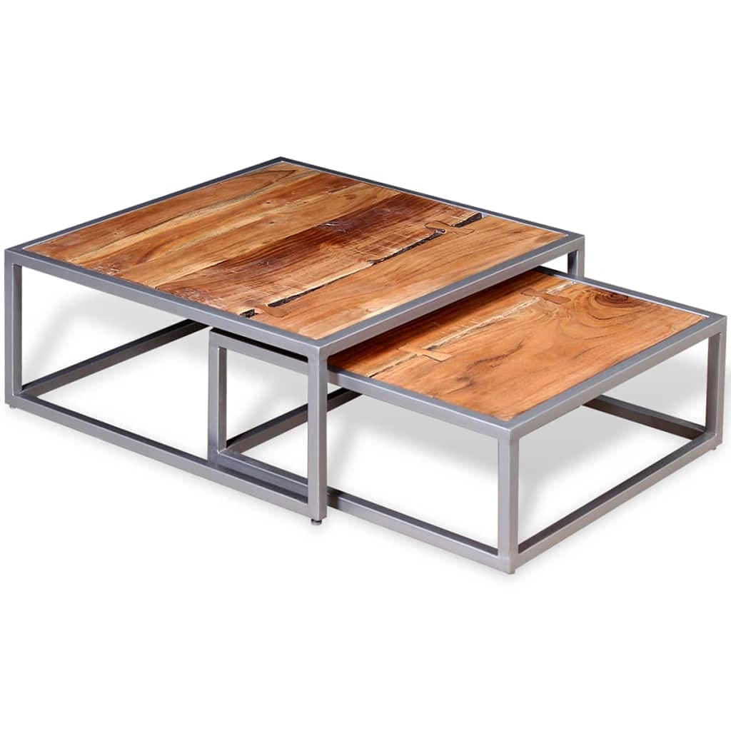Solid Sheesham Wood Nesting Coffee Table Set with Iron Legs S60911