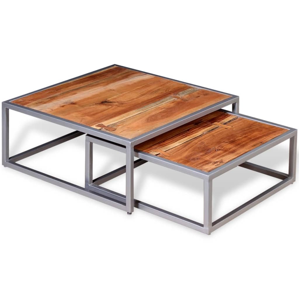 Solid Sheesham Wood Nesting Coffee Table Set with Iron Legs S60911