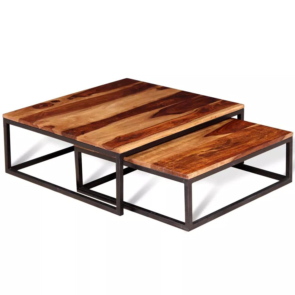 Solid Sheesham Wood Nesting Coffee Table Set with Metal Frame D580