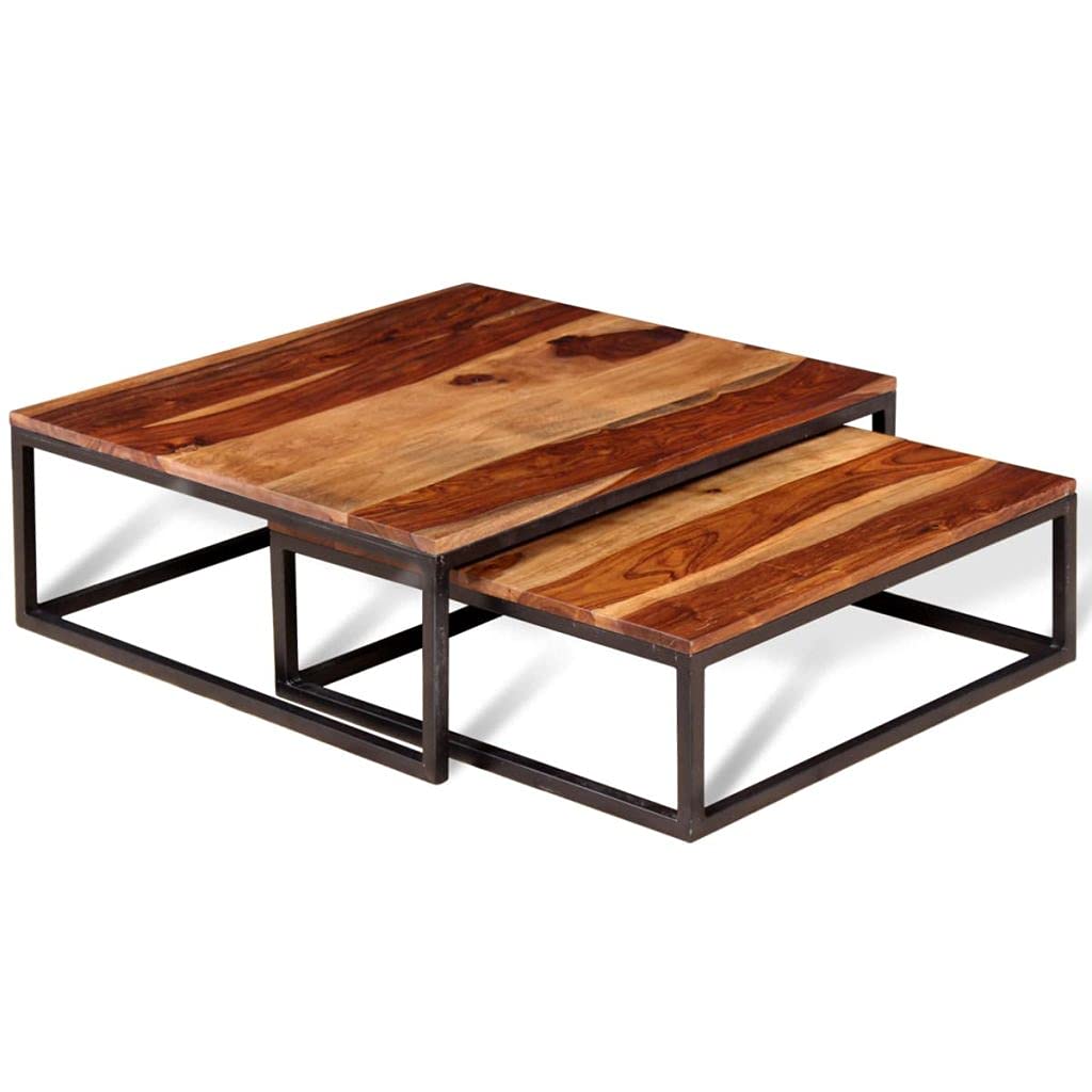 Solid Sheesham Wood Nesting Coffee Table Set with Metal Frame D580
