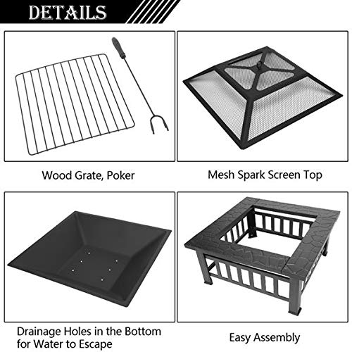 32in Wood Fire Pit with Mesh Lid and Fire Poker B510614