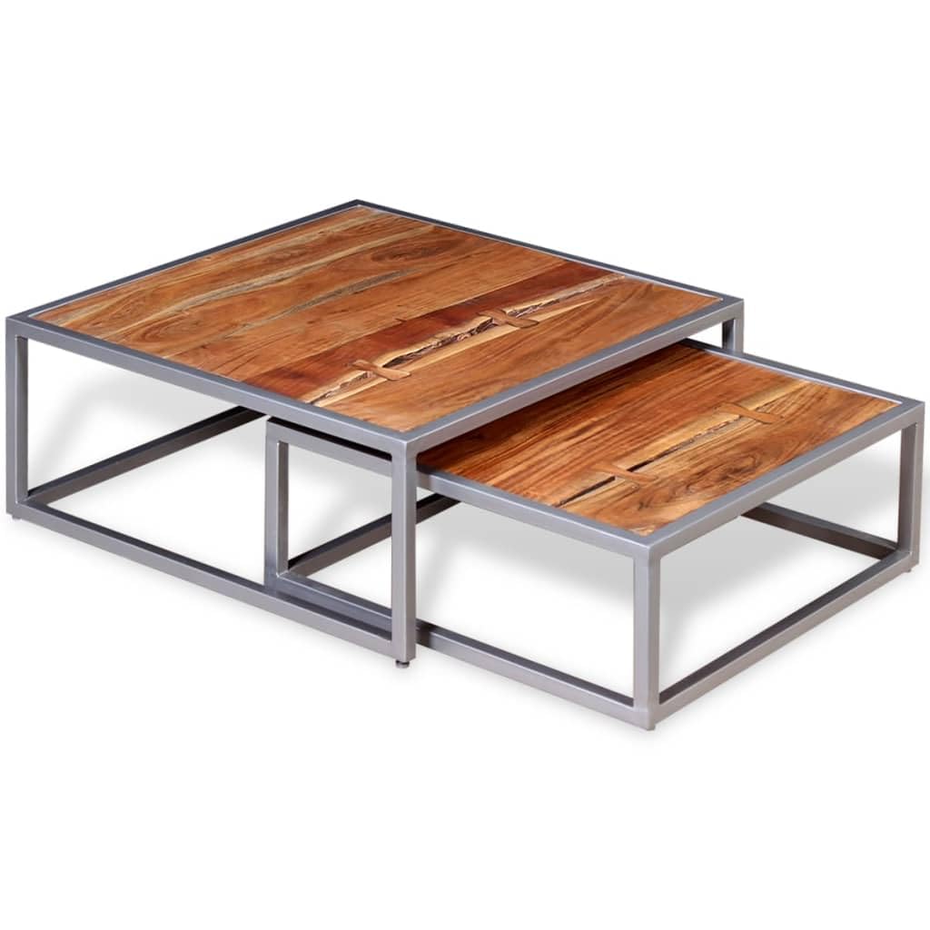 Solid Sheesham Wood Nesting Coffee Table Set with Iron Legs S60911