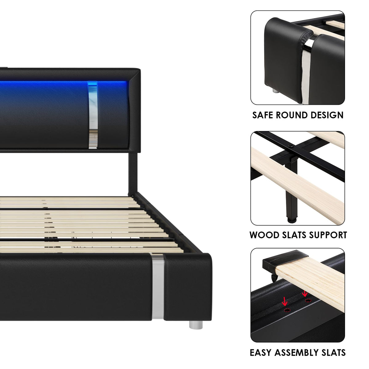 Black Full Size Upholstered Bed Frame with LED Headboard and 2 Storage Drawers T8538