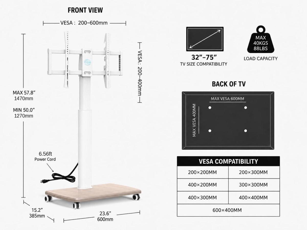 White Rolling TV Stand for 32-75 Inch TVs V492312