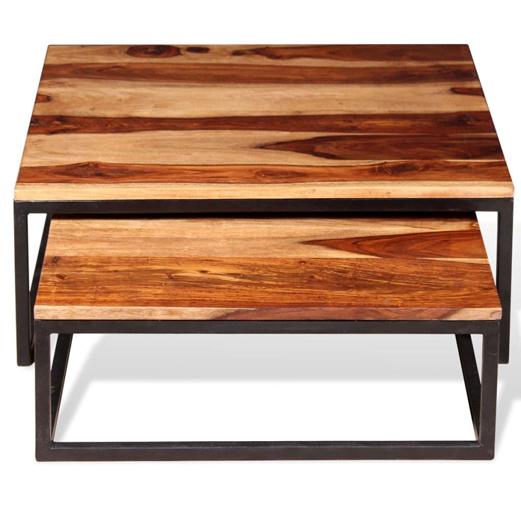Solid Sheesham Wood Nesting Coffee Table Set with Metal Frame D580