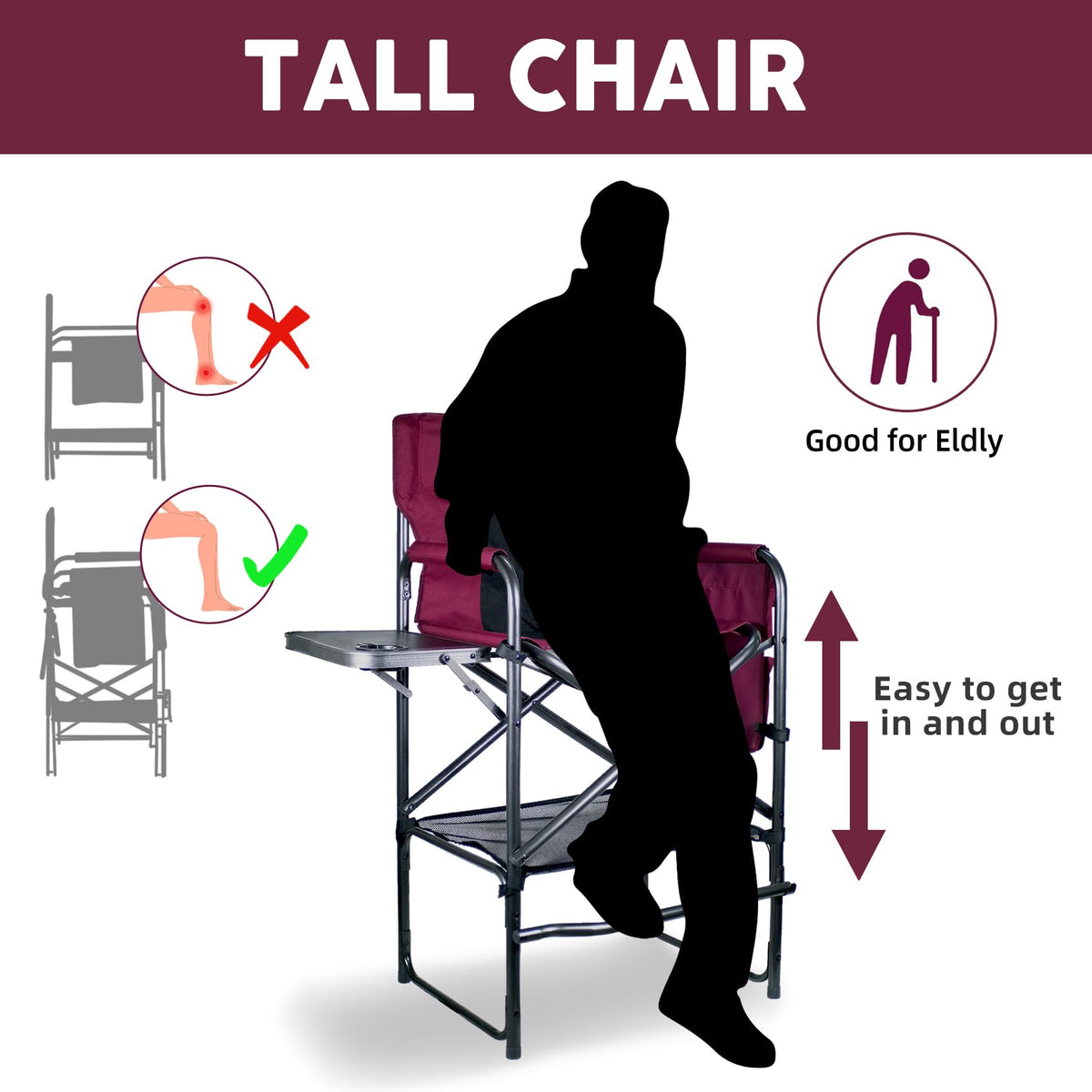 Wine Red Black Bar Height Folding Chair with Side Table Q16308