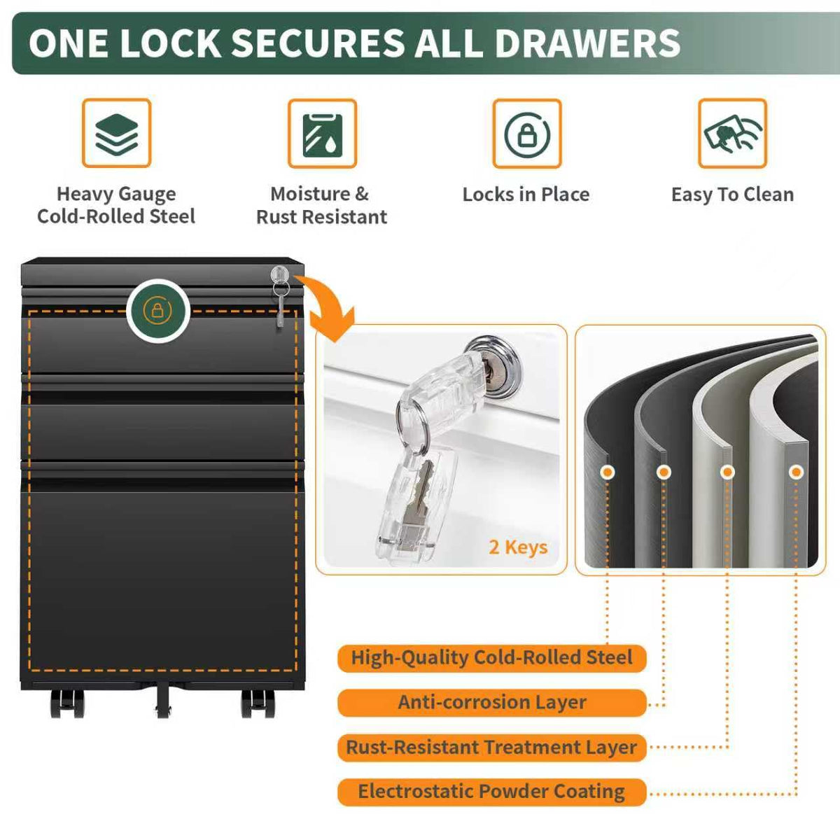 3 Drawer Black Steel File Cabinet with Lock V25970