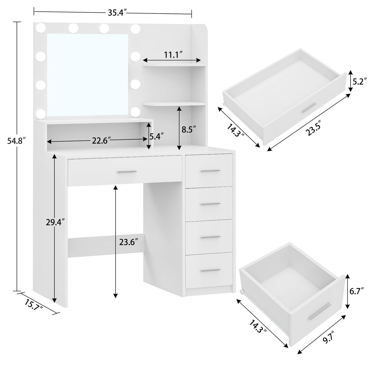 White Vanity Desk with Mirror & Lights, 5 Drawers & Storage Shelves O18533