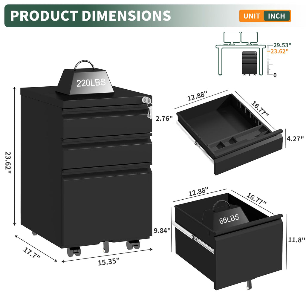3 Drawer Black Steel File Cabinet with Lock V25970