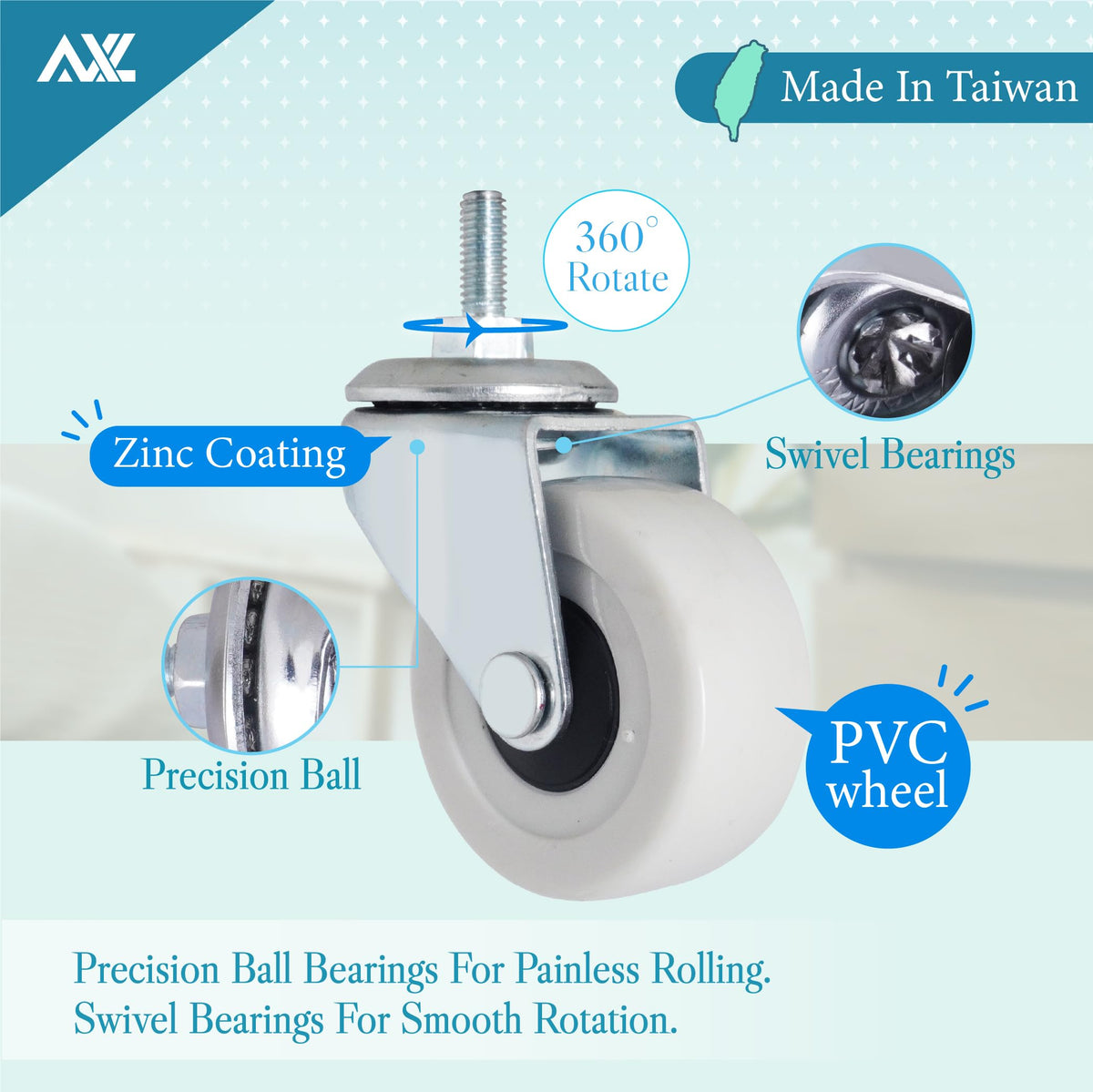 2 Inch PVC Threaded Stem Caster Wheels, Set of 4 B12086