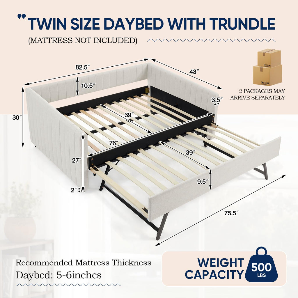 Beige Linen Twin Size Daybed with Trundle B3985