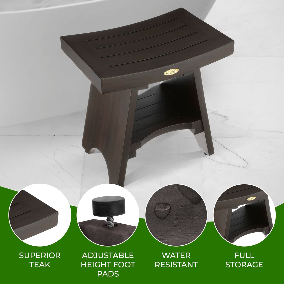 18" Solid Teak Shower Bench with Adjustable Feet D257