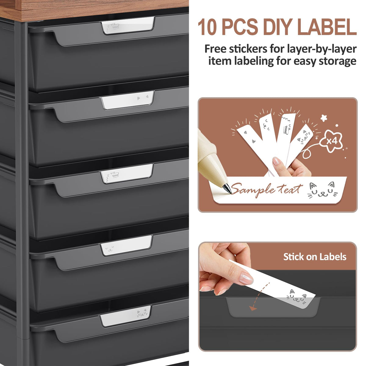 10 Drawer Rolling Storage Cart with Wooden Tabletop K587