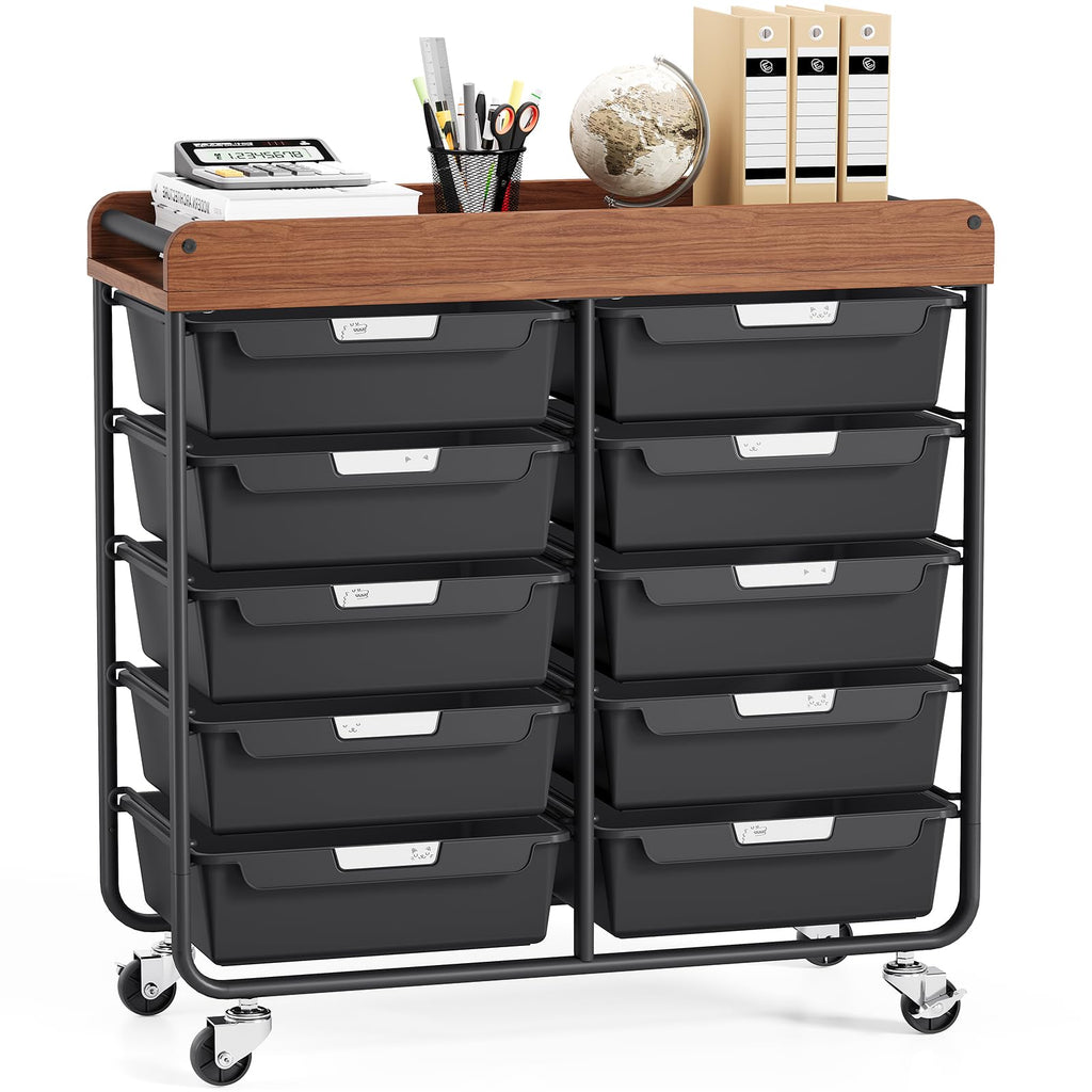 10 Drawer Rolling Storage Cart with Wooden Tabletop K587