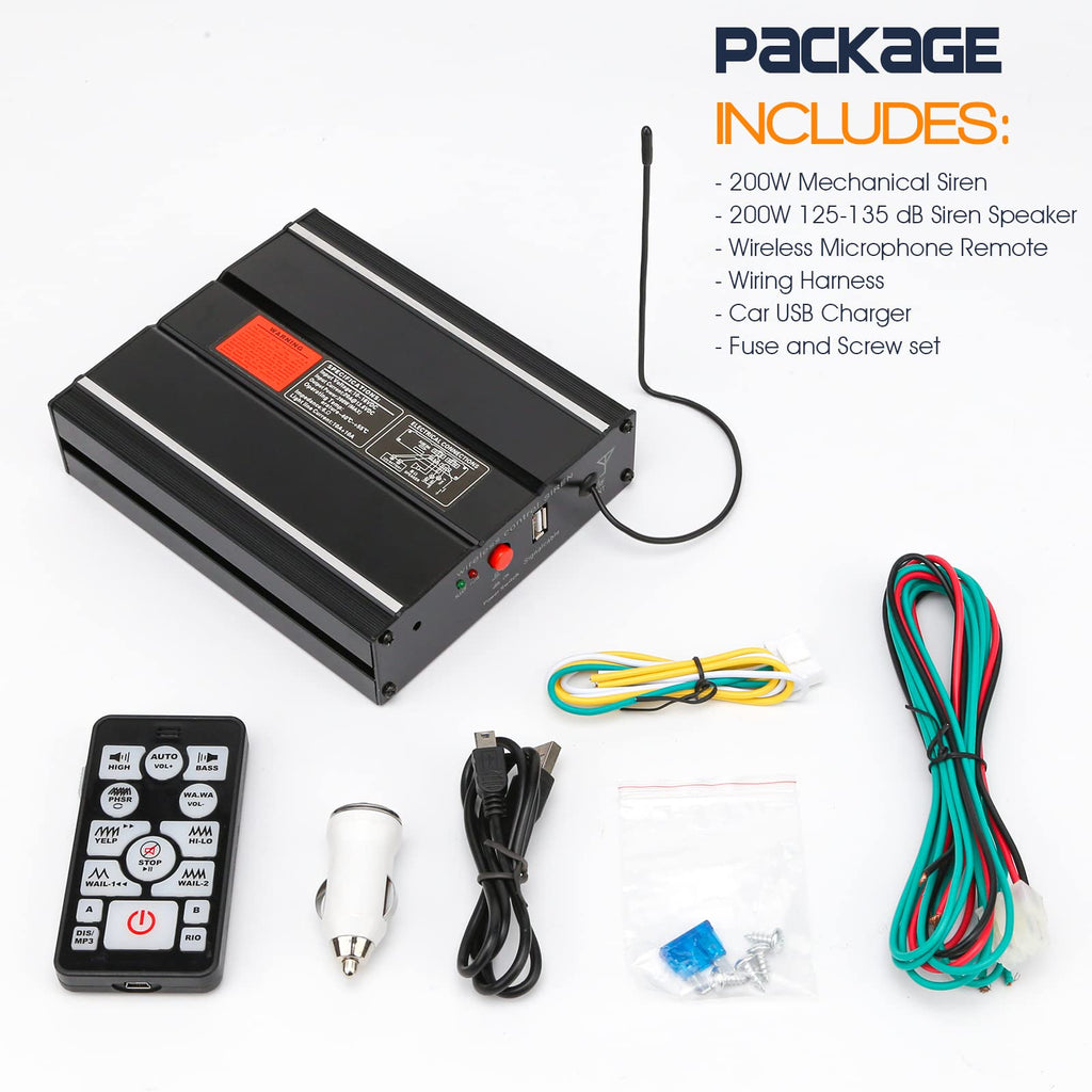200W 12V Emergency Siren PA System with Slim Speaker, Wireless Remote Handheld Microphone W45874
