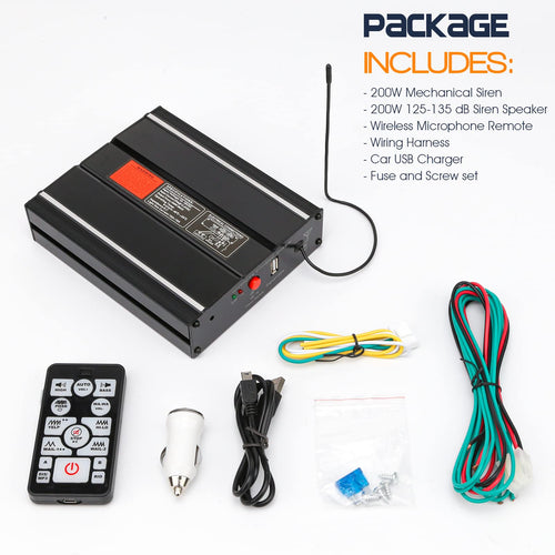 200W 12V Emergency Siren PA System with Slim Speaker, Wireless Remote Handheld Microphone W45874