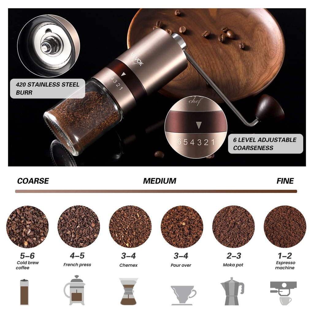 Gold Manual Stainless Steel Burr Coffee Grinder with Portable Bag U659032