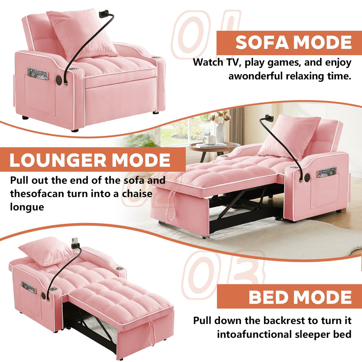 Pink Velvet Convertible Sleeper Chair S1845