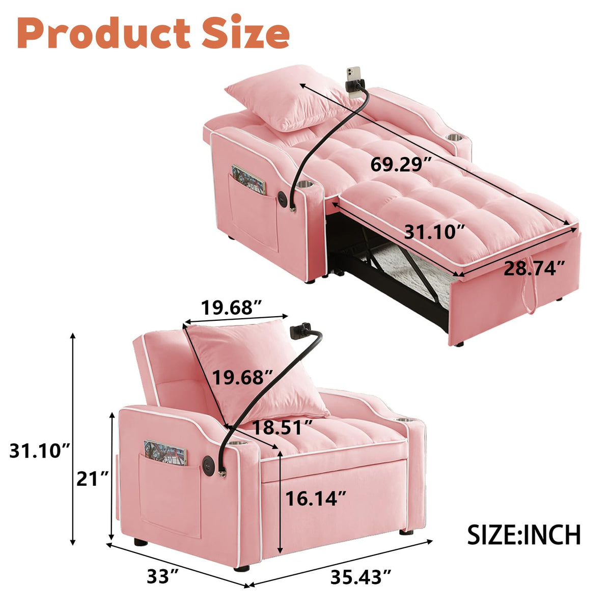 Pink Velvet Convertible Sleeper Chair S1845