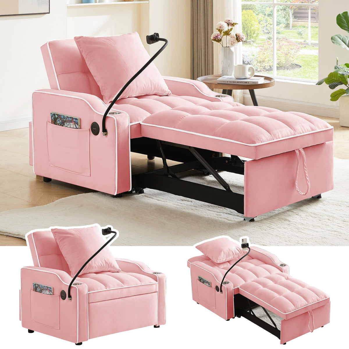 Pink Velvet Convertible Sleeper Chair S1845