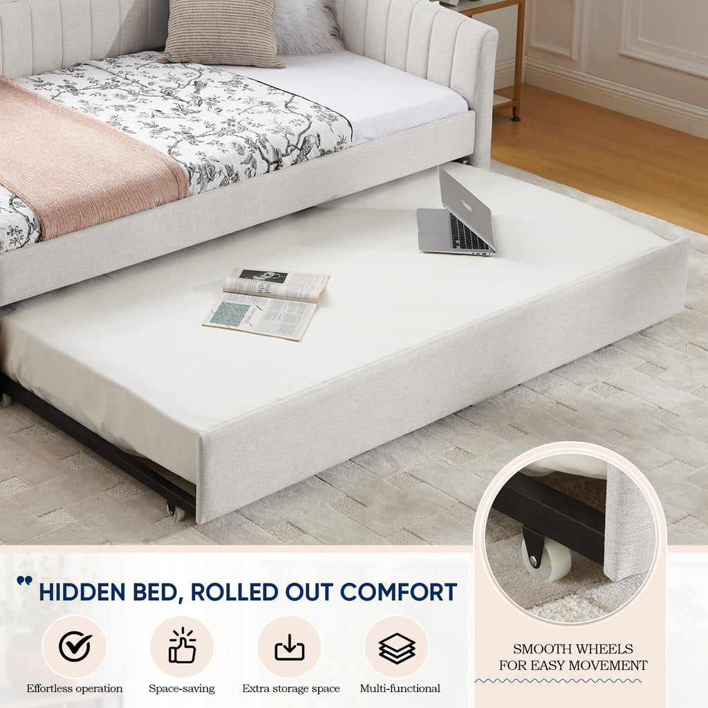 Beige Linen Twin Size Daybed with Trundle B3985
