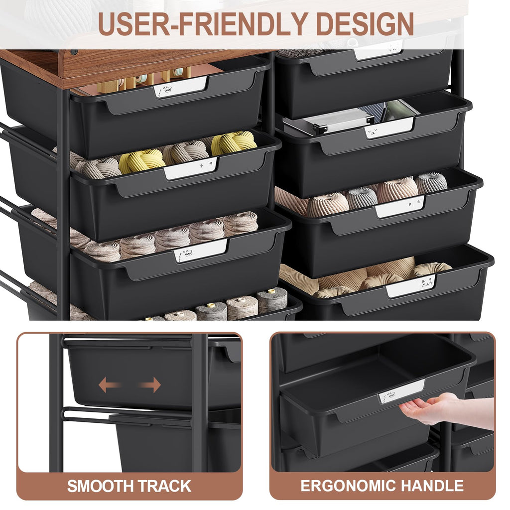 10 Drawer Rolling Storage Cart with Wooden Tabletop K587
