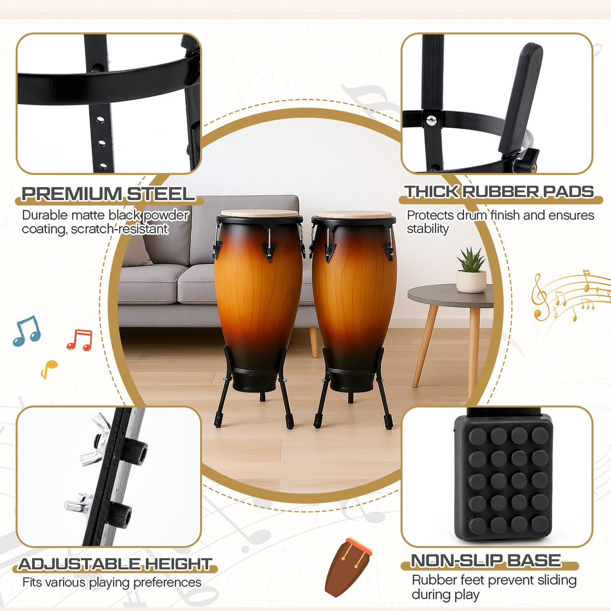 2 Pcs Black Adjustable Conga Drum Stand V97212