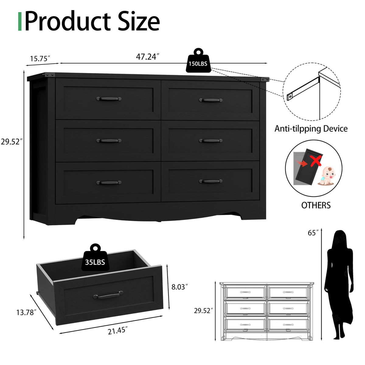 Black 6 Drawer Wood Dresser H532
