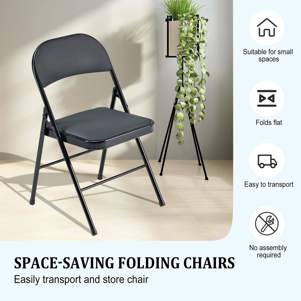 Black Folding Chairs 10-Pack Padded Heavy Duty Steel Frame D9388