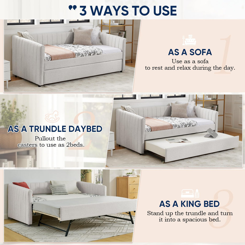 Beige Linen Twin Size Daybed with Trundle B3985