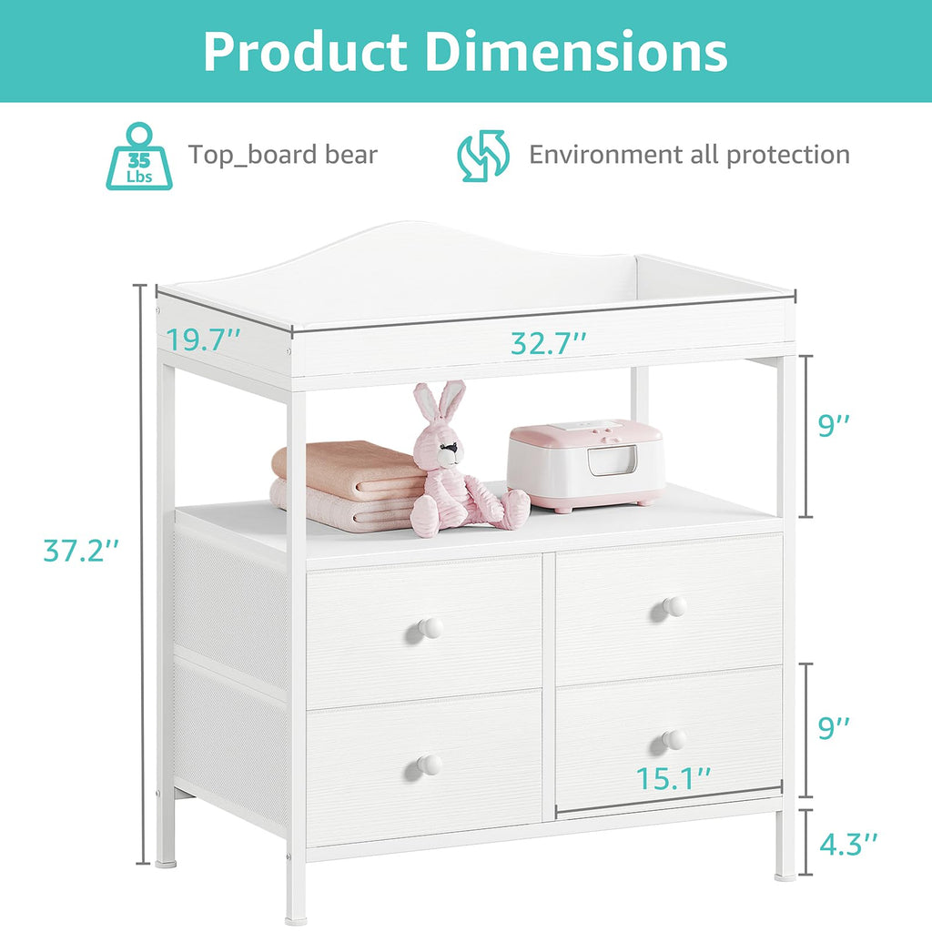 White Changing Table Dresser with 4 Fabric Drawers and Open Shelf K9477