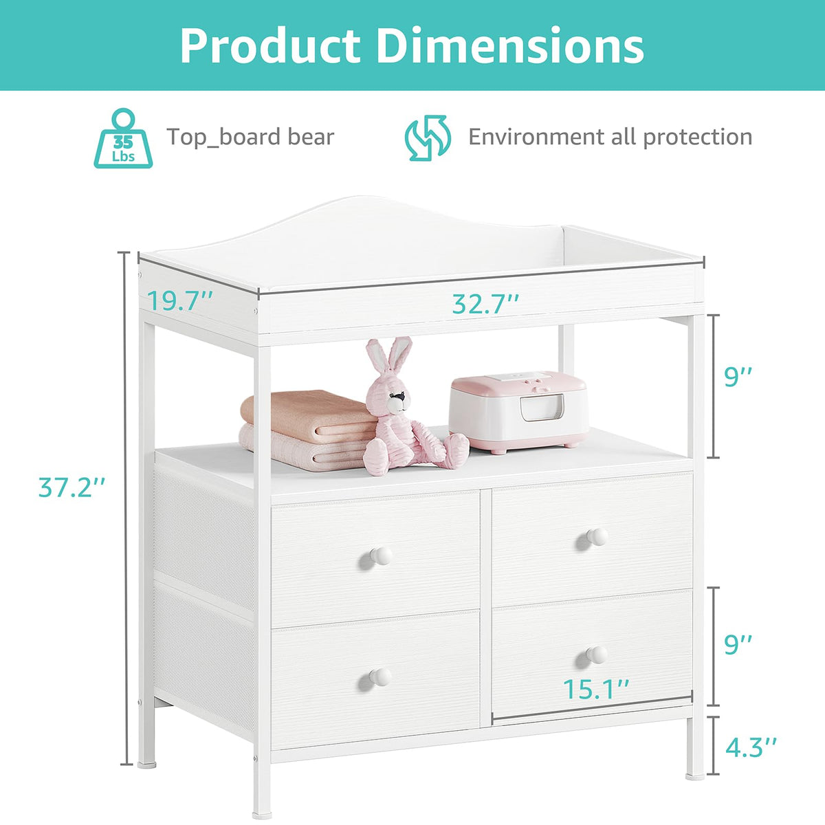 White Changing Table Dresser with 4 Fabric Drawers and Open Shelf K9477