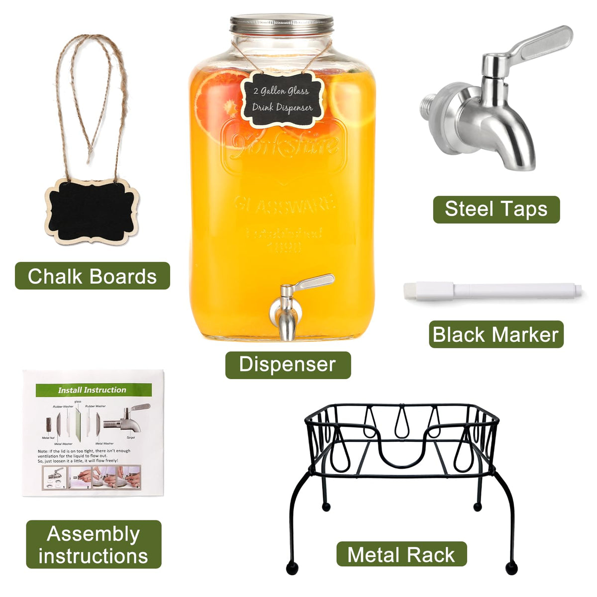 2 Gallon Glass Drink Dispenser with Stand E5266