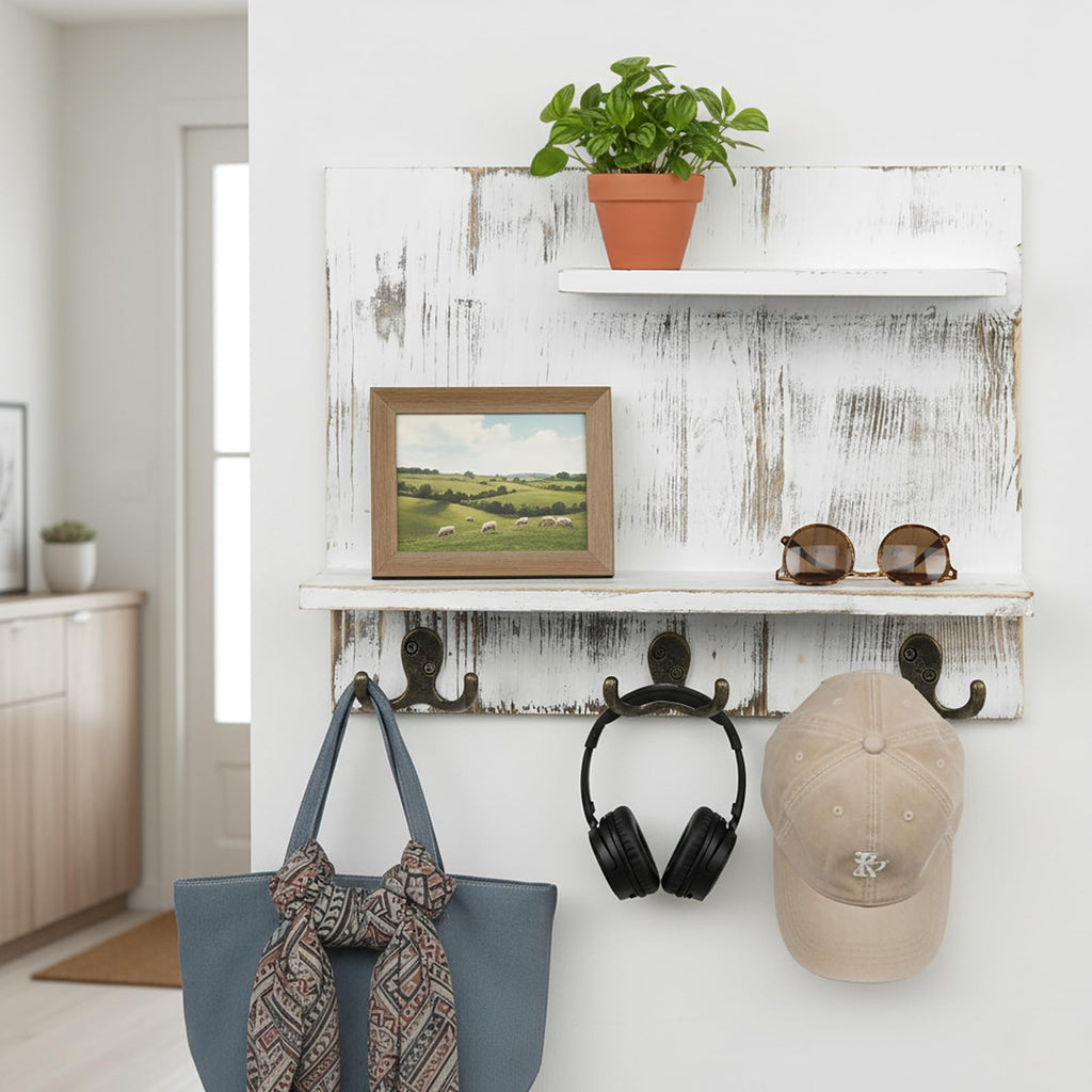 2 Tier White Washed Solid Wood Bathroom Storage Shelves with 6 Hooks W42443