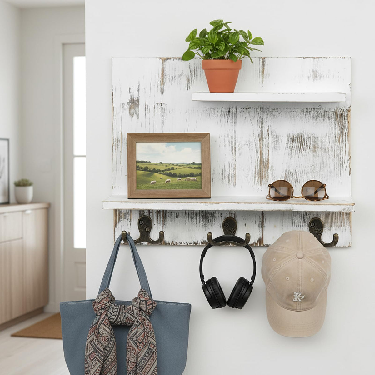 2 Tier White Washed Solid Wood Bathroom Storage Shelves with 6 Hooks W42443