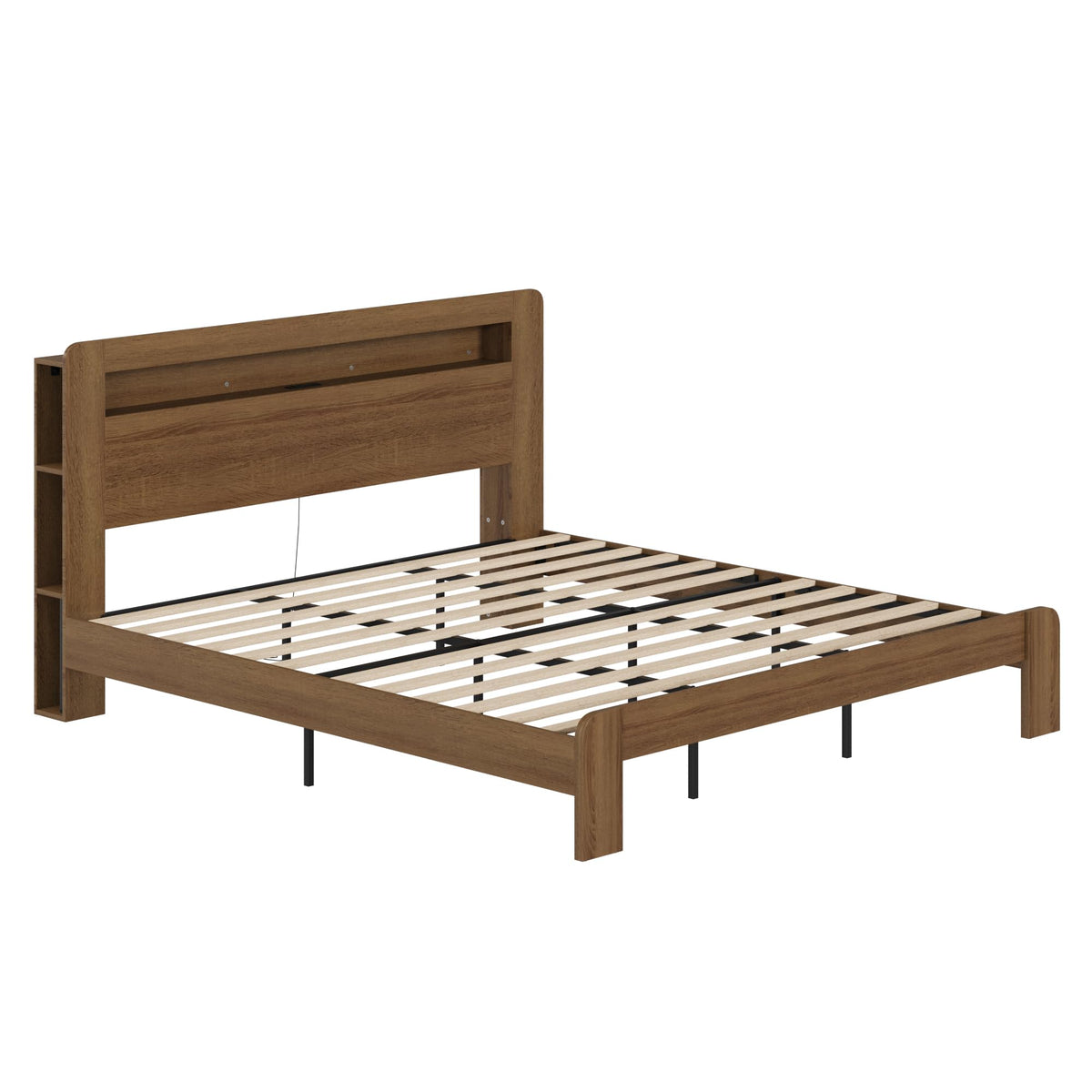 King Walnut Storage Bed Frame with LED Lights R131009