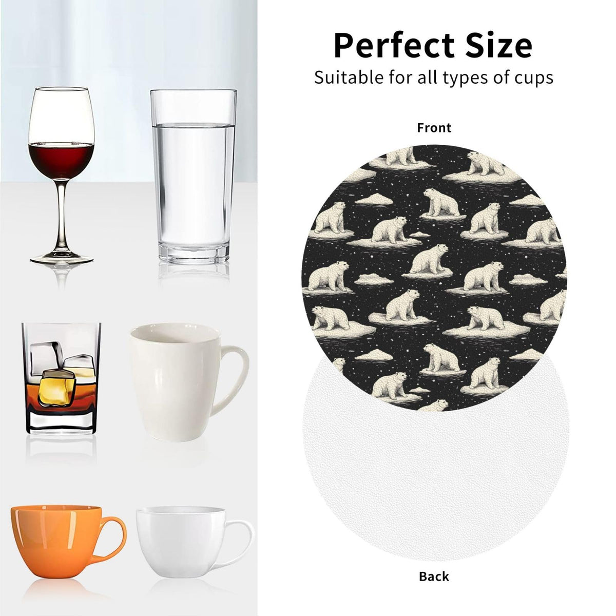 Leather Coasters Set of 4 White Bear Print Non-Slip G8517
