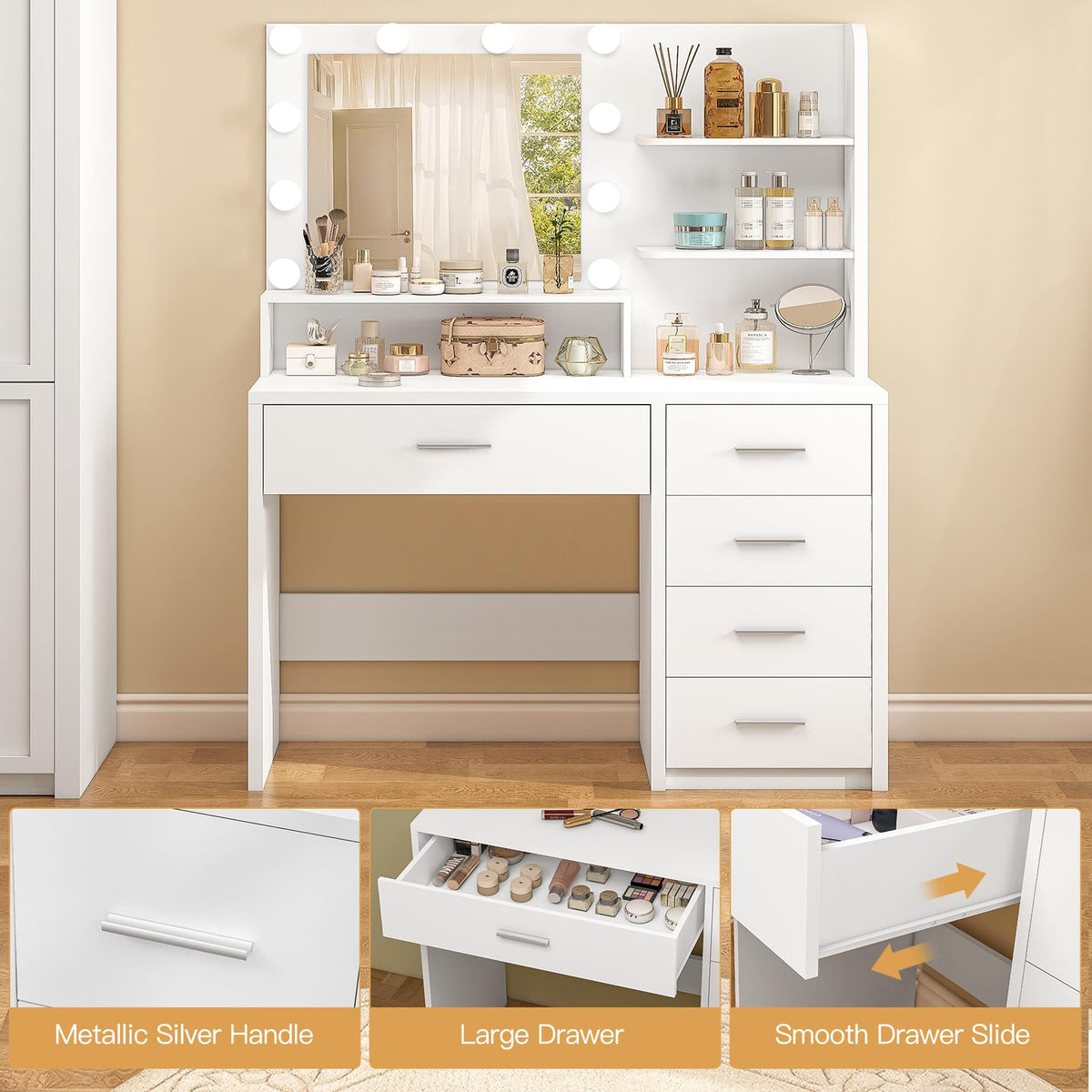 White Vanity Desk with Mirror & Lights, 5 Drawers & Storage Shelves O18533