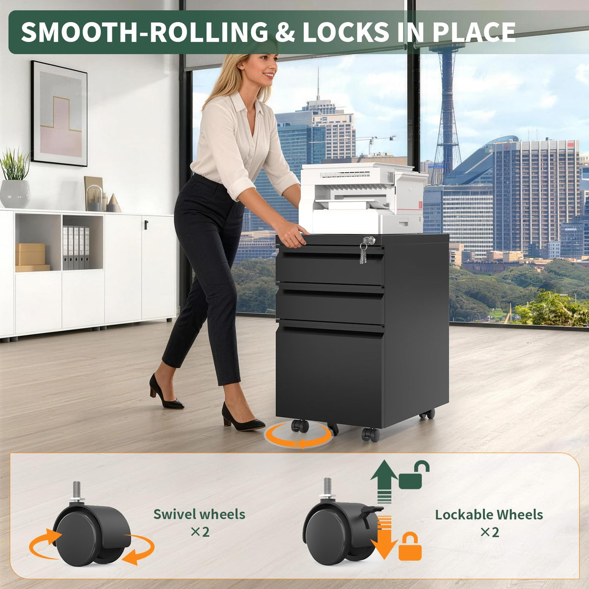 3 Drawer Black Steel File Cabinet with Lock V25970